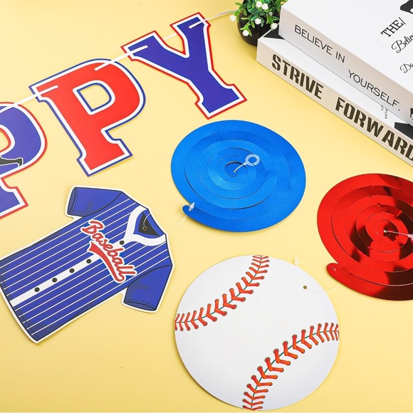 Baseball Party Decorations: 2 Platters, Cupcake Cups, Banner and Hanging Swirls - Picture 4 of 9